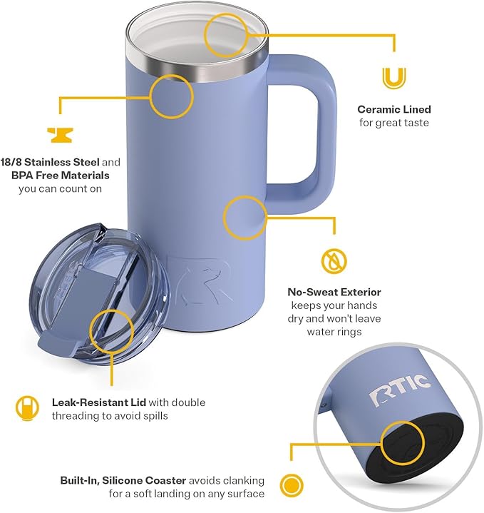 RTIC 16oz Road Trip Travel Mug with Lid and Handle, Ceramic Lined, Insulated, Stainless Steel, Metal, Double Wall Vacuum-Insulation, Portable Coffee, Tea Cup for Hot and Cold Drink, Periwinkle