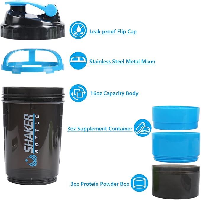 Protein Shaker Bottle,Sports Water Bottle,Leak Proof Shake Bottle For Protein Mixer,Non Slip 3 Layer Twist Off 3oz Cups with Pill Tray,Workout Shaker Bottle 16oz,Blue
