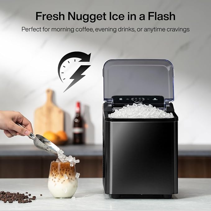 Typhur Fast Nugget Ice Maker, Chewable Pebble Ice Machine Countertop with Self-Cleaning Pump & 8-Pack Cleaners, 35lbs/24H Crushed Ice for Kitchen, Bar, RV, Outdoor (Black Stainless Steel)