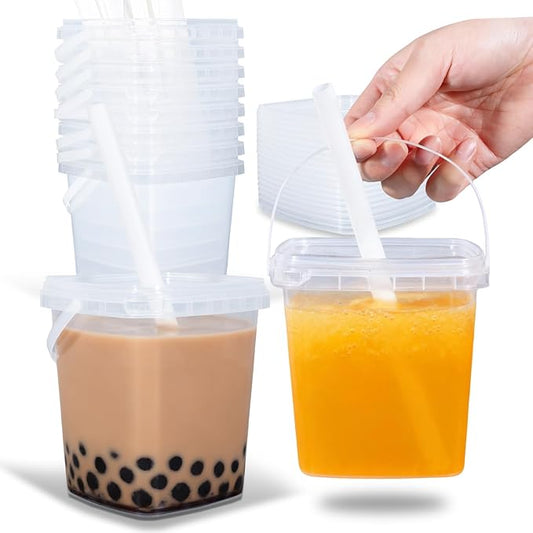 10Pack 34oz Reusable Drink Bucket with Sealed Lid & Straw - Clear Plastic Party Cups for Coffee, Drinks & Ice, Plastic Food Storage Container