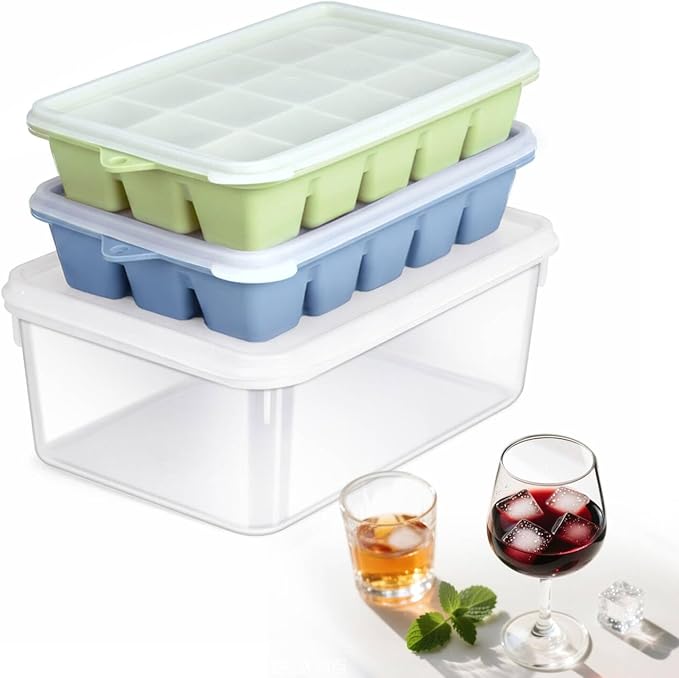 Silicone Ice Cube Tray with No-Spill Lid for Freezer with Bin, Easy Release Silicone Ice Trays with Ice Storage Container Compact for Kitchen, RV Freezer, Nice Ice for Coffee,Cocktail, Whiskey.