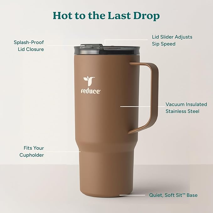 REDUCE 24 oz Hot1 Vacuum Insulated Mug for Hot Tea, Coffee and Other Hot Drinks - With Flo-Motion Lid and Handle, Single-Serve and Cupholder Friendly, Keeps Drinks Hot for up to 8 Hrs, Java