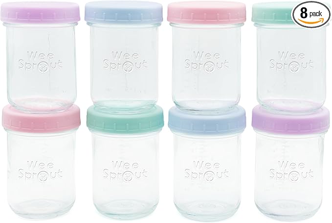 WeeSprout Baby Food Storage Glass Jars w/Lids (8 oz, 8 Pack) Pastel Variety, Snack, Reusable Small Containers, Fridge or Freezer, Microwave & Dishwasher Safe, Essentials for Infants