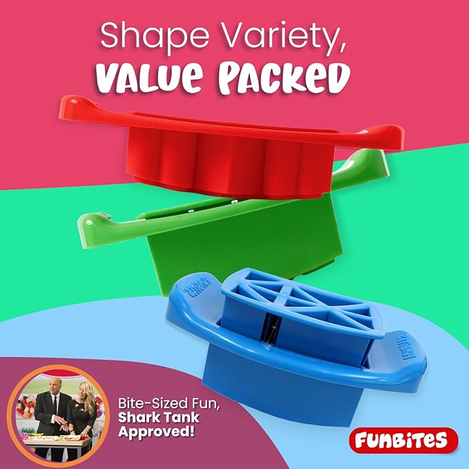 FUNBITES Crustless Sandwich Cutter for Kids Lunch, Uncrustable Sandwich Cutter (6-piece set), Bite-Size Food Cutter for Toddlers, Bento Box Accessories, Dishwasher Safe, Squares/Hearts/Triangles 3pk