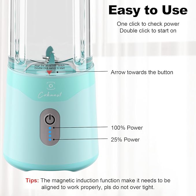 COKUNST Portable Blender, USB Rechargeable Personal Size Blenders, Smoothie Blender with 6 Blades for Protein & Shakes, Mini juicer with Extra Handle Lid for Travel Sports Outgoing, 18oz, Green