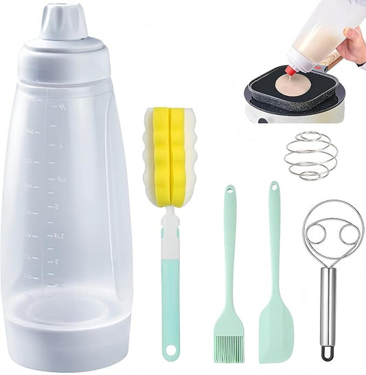 Pancake Batter Dispenser with Wire Whisk, BlenderBall, Silicone Spatula and Brush, Cleaning Brush, 1000 ML Large Capacity Leak-Proof Design for Pancakes Waffles Muffins and Crepes(White)