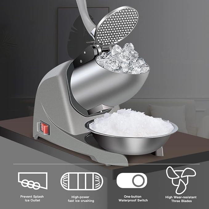 Snow Cone Machine 380w Shaved Ice Machine 3 Blades Ice Shaver 280lbs/hr Electric Ice Crusher Prevent Splash Snow Cone Maker for Home and Commercial with Ice Pick