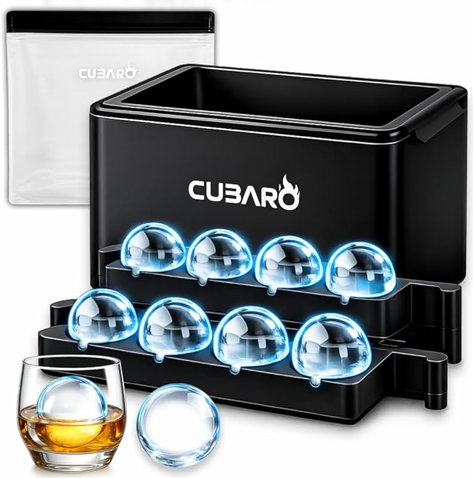 Clear Ice Ball Maker with Bonus Freezer Bag | 8 Large 2" Crystal Clear Ice Spheres | Premium Hard Shell Directional Freezing Mold | Slow‑Melt Ice Balls by CUBARO