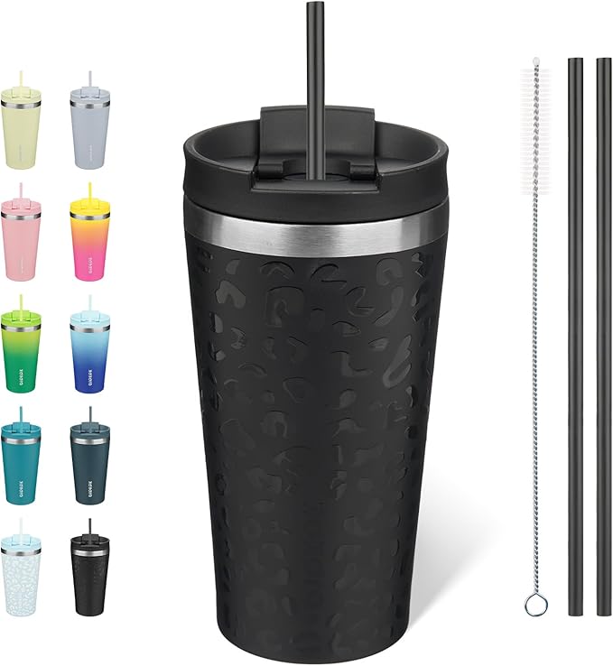 BJPKPK 18oz Insulated Tumbler With lid And Straw Stainless Steel Tumblers Travel Coffee Mug Reusable Thermal Cup,Black Leopard