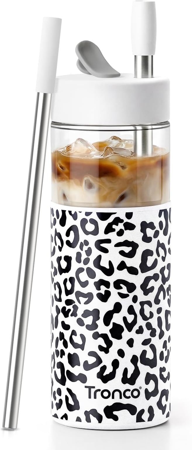 Tronco 24 oz Glass Tumbler with Lid & Straw, Iced Coffee Cup - Smoothie Cup with Silicone Lid for Boba Tea, Home, Office, Travel & Gifts, Borosilicate Glass Cups, BPA-Free, Leak-Proof, Dishwasher Safe