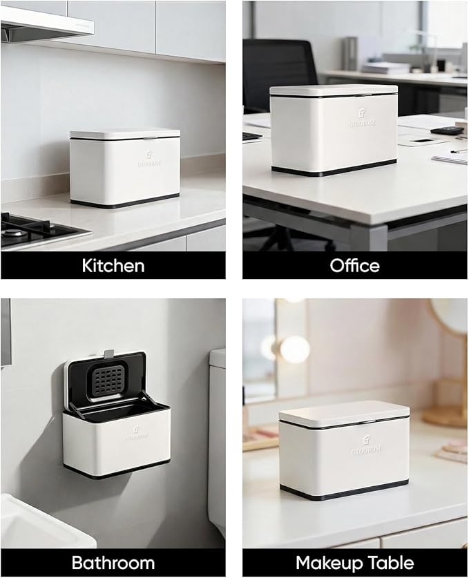 Kitchen Mini Compost Bin, 4L/1G Small Trash Can with Lid, Slim Stainless Steel Hanging Garbage Bin for Kitchen, Bathroom, Bedroom, Office, Wall Mounted Compost Bin with Inner Bucket, White