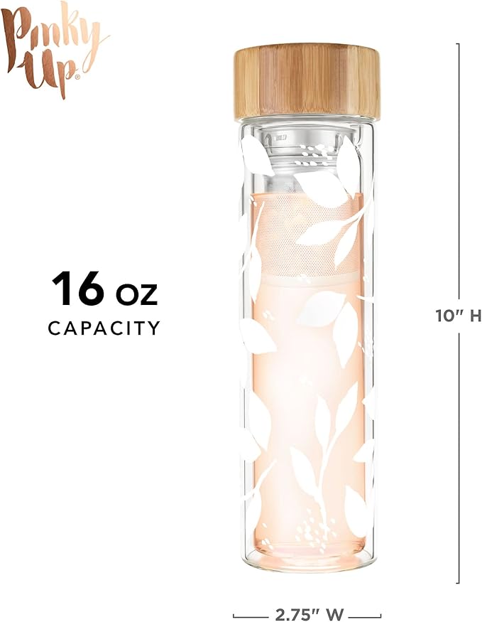 Pinky Up Blair Travel Tea Infuser Mug, Double Walled Insulated Travel Tumbler with Loose Leaf Tea Strainer, Travel Coffee Mug, Keeps Drinks Hot or Cold, 16 oz, White Leaf