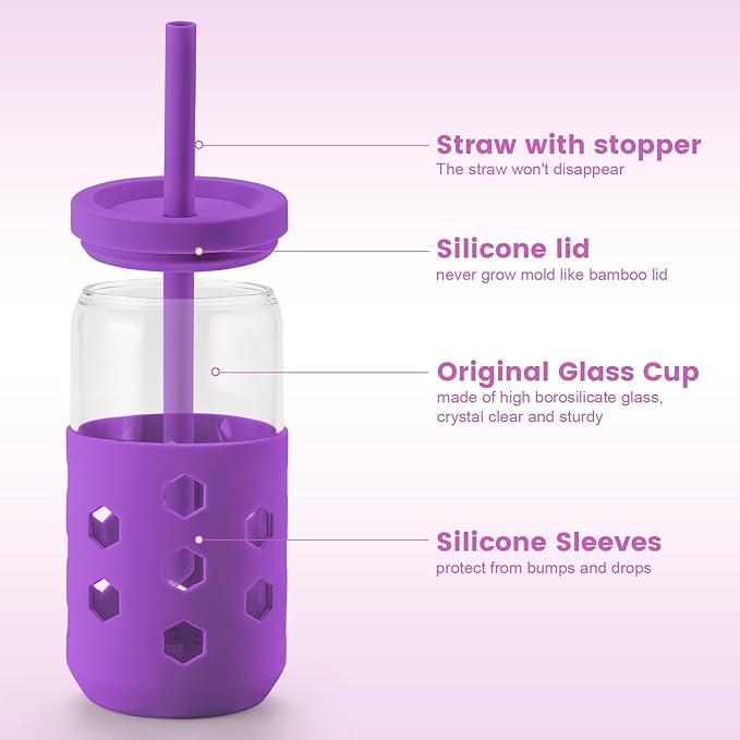 Mrsdry Glass Cups with Lids and Straws (4 Pack), 16oz Drinking Glasses Set with Silicone Sleeves for Coffee Bar Accessories Iced Coffee Cups with Lids, Glass Tumbler Reusable for Gifts