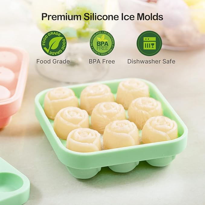 MEETRUE Rose Ice Cube Tray, Rose Shaped Silicone Ice Mold Making 9 x 1.2'' Ice Cubes for the Freezer, Novelty Drink Tray for Chilled Cocktails Juice Drink
