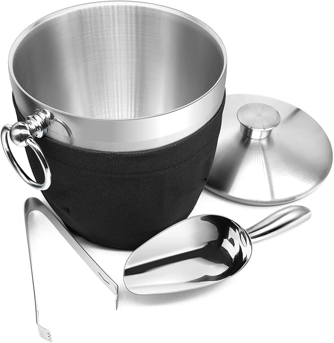 Fortune Candy Insulated Ice Bucket - Double Walled Stainless Steel Ice Bucket with Ice Tongs, Scoop, Lid, and Exclusive Handmade Nylon Holder - 2.8 L (Black)