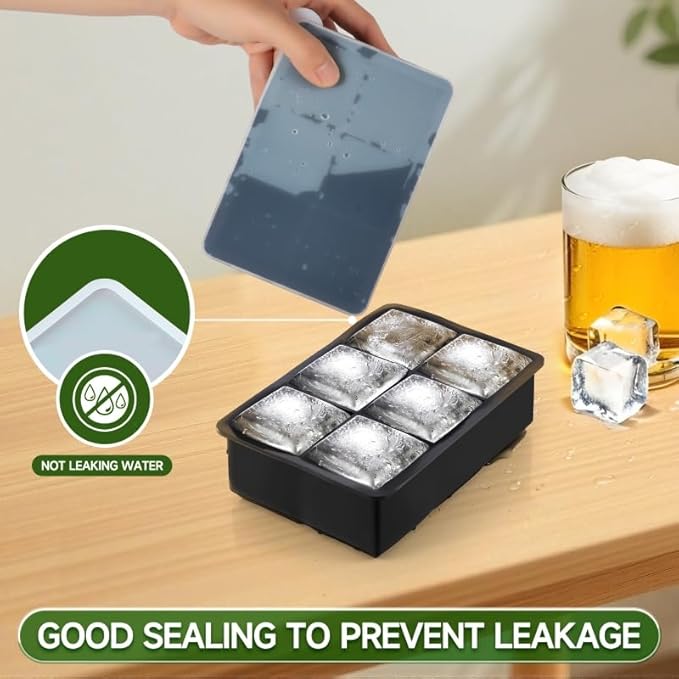 Silicone Ice Cube Tray, Easy Release Flexible Silicone Freezer Mold with Removable Lid, 2PCS of 6 Large Ice Cubes Tray for Whiskey, Freezer, Cocktail, Reusable & BPA Free (6 Square*2)