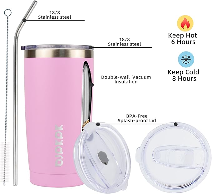 BJPKPK Insulated Tumbler 20 oz Stainless Steel Coffee Travel Thermal Cup With lids And Straws,Light Pink