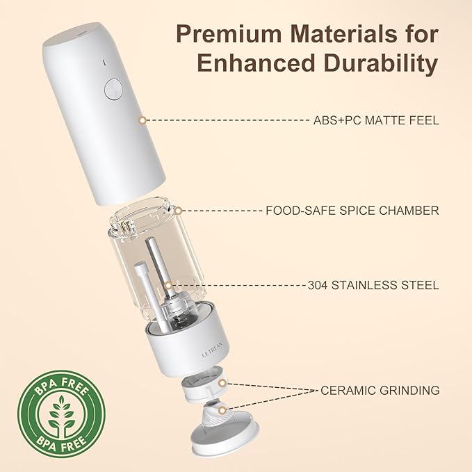 Ultrean Pepper Grinder, Rechargeable Salt and Pepper Grinder Set with 6 Adjustable Coarseness, LED Light, Automatic Grinder for Kitchen, House Warming Gifts New Home, White&Black