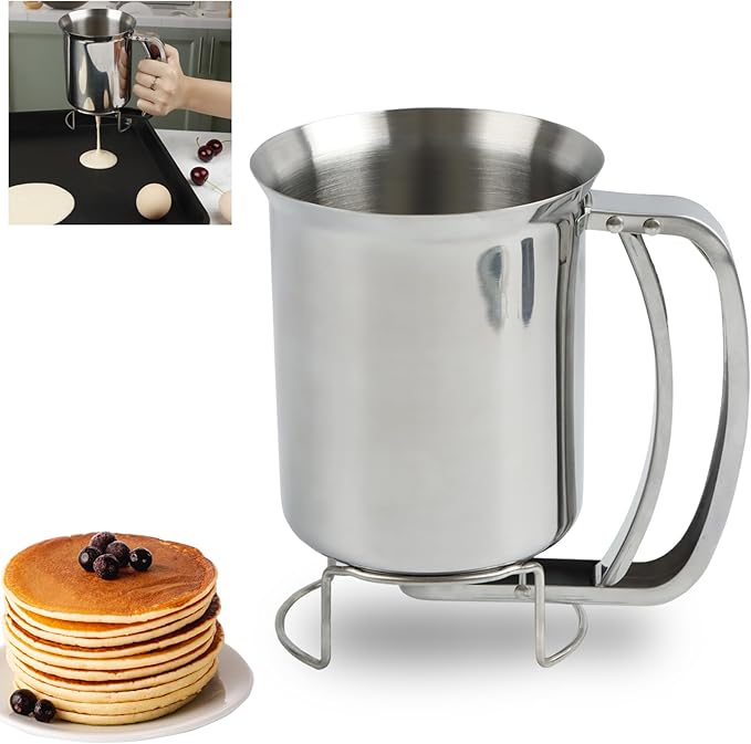 KAYCROWN 800ml Stainless Steel Pancake Batter Dispenser, Handheld Pancake Mix Dispenser, Cupcake Batter Dispenser for Baking Cake Cupcakes Crepes Waffles Pancake Kitchen Tool, Easy to Clean