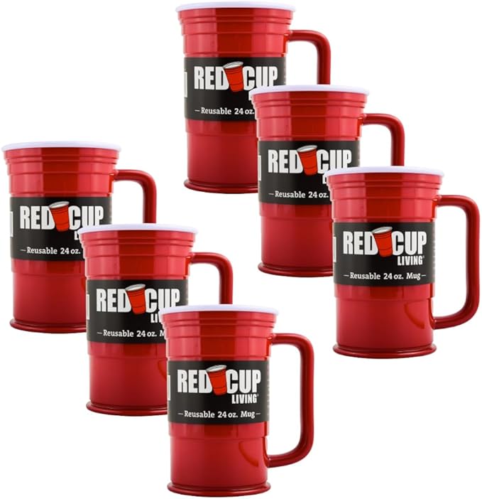 Red Beer Party Mug Glass Tumbler 6 Pack |Unbreakable Cups Beer Stein Reusable Drinking Supplies Birthday, Anniversary, Big Grip Tumbler Travel Outdoors | Dishwasher Safe Party Essentials