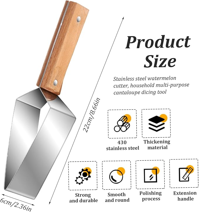 Watermelon Cutter Rectangular Stainless Steel Watermelon Slicer with Wood Handle and Blade Sleeve Polished Sharp Fruit Cutter for Apples, Hami MelonWatermelon