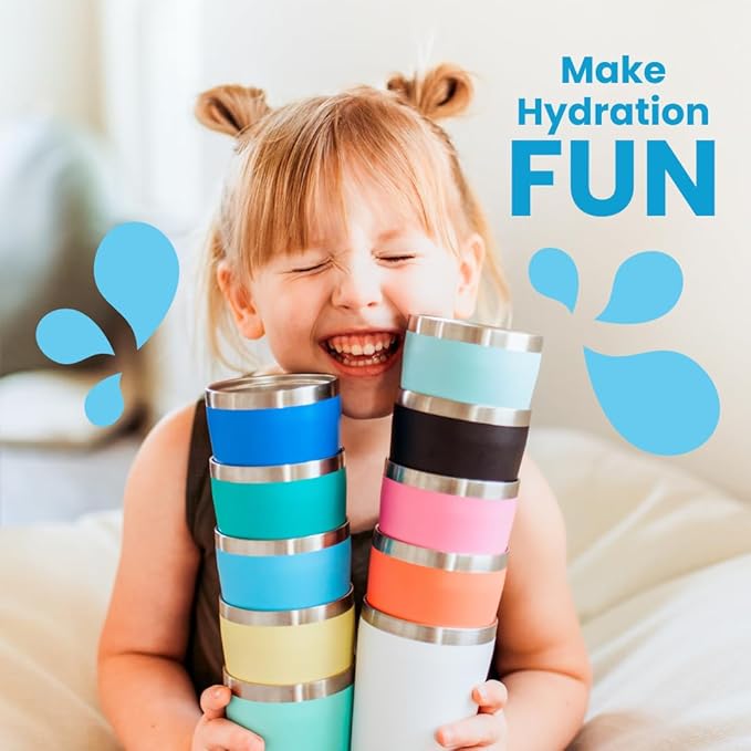 CUPKIN Toddler Cups with Straws, The Original 8 oz Stackable Stainless Steel Baby Straw Cup, Set of 2 Kids Cups, Powder Coated Insulated Kids Tumblers, No BPA Lids + Silicone Straws (Blue + Green)