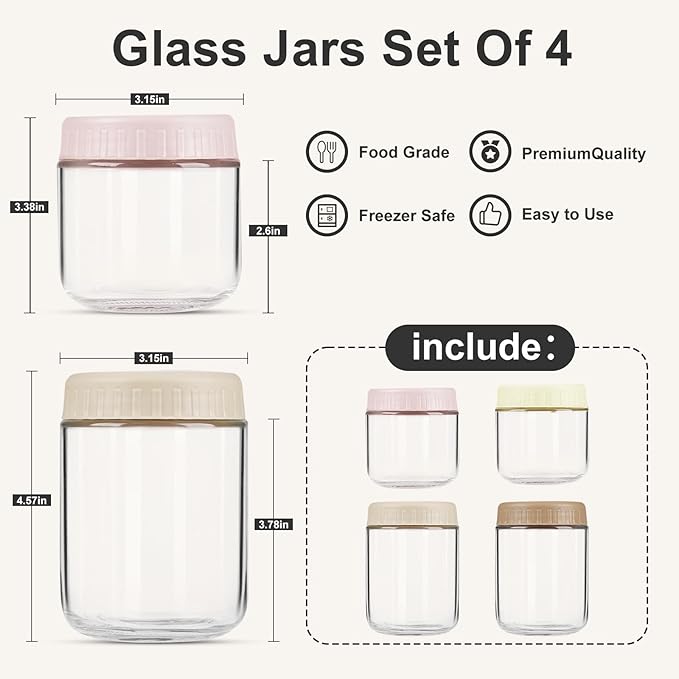 SHOWIN Overnight Oats Containers with Lids, Glass Jars with Lids 4 pcs, Wide Mouth Mason jars for Salad, Yogurt, Snacks, Meal Prep