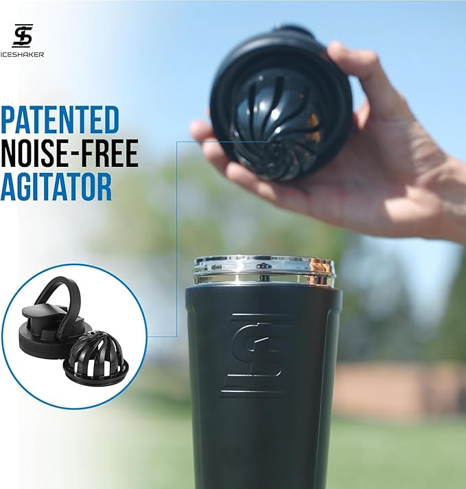 Ice Shaker Insulated Stainless Steel Shaker Bottle | 32oz, Navy/Black | Cold for 30+ Hours | Insulated Cup with Twist-on Agitator | Odor-Free Bottle for Protein Shakes, Water, Smoothies, Cocktails