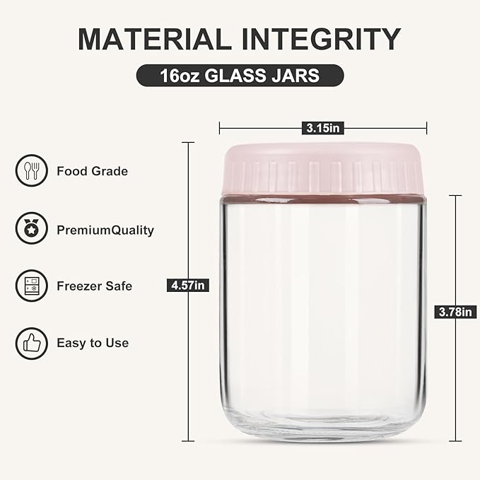 SHOWIN Overnight Oats Containers with Lids, 16oz Glass Jars with Lids 4 pcs, Wide Mouth Mason jars for Salad, Yogurt, Snacks, Meal Prep