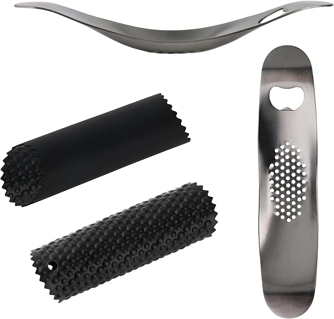 Garlic Press Rocker Stainless Steel, Manual Garlic Mincer Crusher with Silicone Peeler Set, Heavy Duty Ginger Smasher with Bottle Opener for Kitchen, Dishwasher Safe, Silver & Black