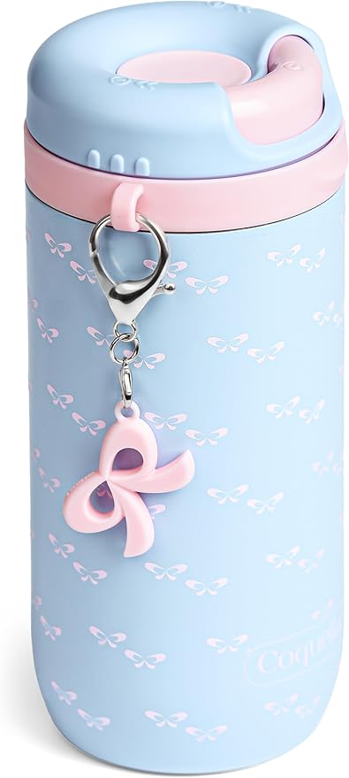 15 oz Stainless Steel Coffee Tumbler with Twist-Open Lid, Insulated Travel Mug for Iced Coffee Cold Brew and Warm Beverages, Leakproof, BPA-Free, Cup Holder Friendly, Bow Charm, Coquette Blue