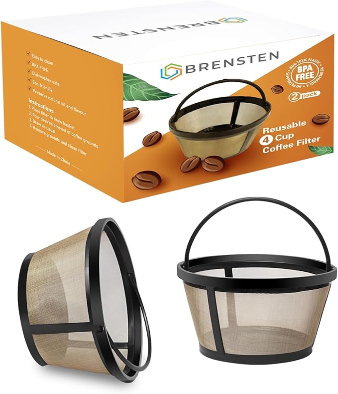 4 Cup Reusable Filter Basket With Closed Bottom Fits MrCoffee Coffee Maker and Brewer - Permanent Filter Replacement for Mr Coffee Gold Basket-Style Filters 2-Pack