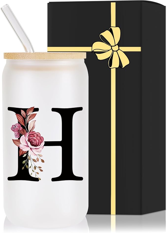 Monogrammed Glass Drinking Cup With Lid Straw Brides for Her Wedding Day Bridal Shower Bachelorette Party Engaged Engagement Cute Personalized Unique Cool Special Customized Best Present Gifts,H