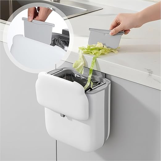 1 Pcs Foldable Hanging Trash Can, 2.6 Gallon Wall Mounted Kitchen Waste Bin with Lid Foldable Plastic Waste Bin Expandable Hanging Trash Can for Kitchen, Bathroom, Cabinet (White, Grey)