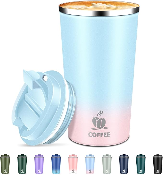 Insulated Travel Coffee Mug Reusable Coffee Tumbler Cup with Flip Lid Leak Proof Spill Proof for Office School Party Camping Hot and Cold Drink,Stainless Steel 17oz (Light Blue)