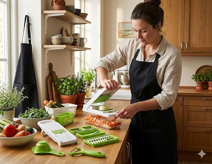 Kalmat Dynamics Food Chopper and Vegetable Slicer, 16-in-1 Multi-Function Kitchen Chopper with 7 Blades and Container, Free Black Cooking Apron (White+Green)
