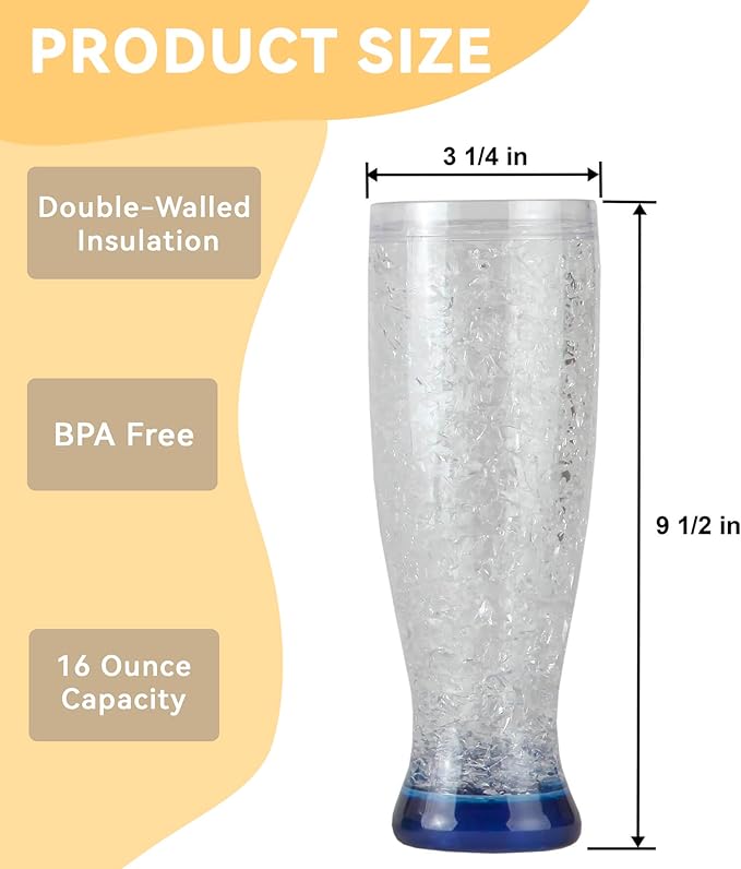 Lily's Home Freezer Beer Mugs, Set of 4-16 oz Double Wall Insulated with Liquid Gel, Frosty Chiller Cups, Break-Resistant Acrylic Freezable Glasses for Home Bar, Pool Parties, BBQ & Outdoor Gifts