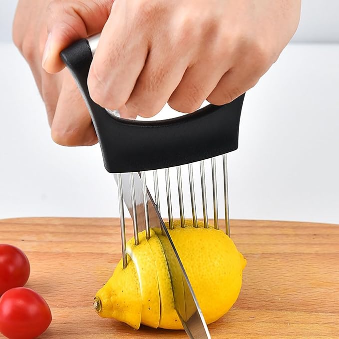 1 Pack Stainless Steel Multifunctional Vegetable Slicer, Onion Slice Holder, Onion Cutter for Slicing Meat, Onion, Potato, Tomato, Lemon, Kitchen Chopper Tool