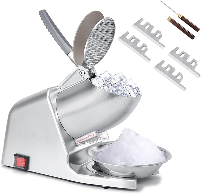 300W 210 lbs/hr ETL-Listed 4-Blade Electric Ice Shaver Machine with Ice Pick, Ice Crusher for Home Use and Commercial, Shaved Ice Machine, Ice Grinder, Silver