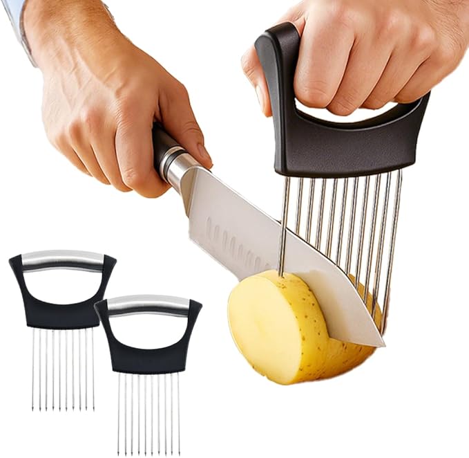 Onion Slicer Holder, Onion Holder for Slicing, Stainless Steel Vegetable Chopper and Onion Slicer Tool, Kitchen Assistant for Onions, Potatoes, Tomatoes and Fresh Produce (2pcs)