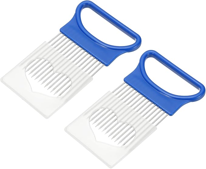 uxcell 2 Pcs Onion Slicer Holder, 4.3 x 3.1 Inch Stainless Steel Vegetable Cutting Holder Food Cutter Tool for Slicing Storing Onions Tomatoes Potatoes Avocados Apples, Blue