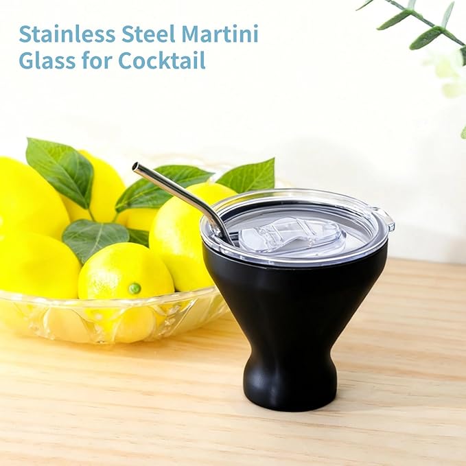 Stainless Steel Martini Glasses with Lids and Straws, Martini Glasses Set of 4, Perfect for Home Bar, Beach, and Picnics, Quality Double-Wall Insulated Tumblers, 10 oz