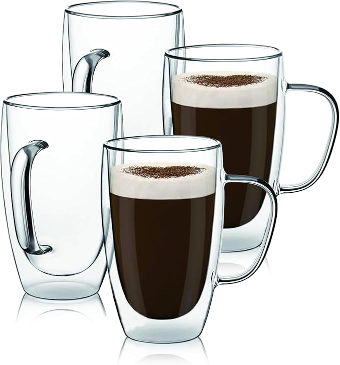 Espresso Cups Set Of 2, Double Walled Glass Coffee Mugs with Handle,Insulated Layer Coffee Cups,Clear Borosilicate Glass Mugs,Perfect for Cappuccino,Tea,Latte,Espresso (15oz-4Pack)