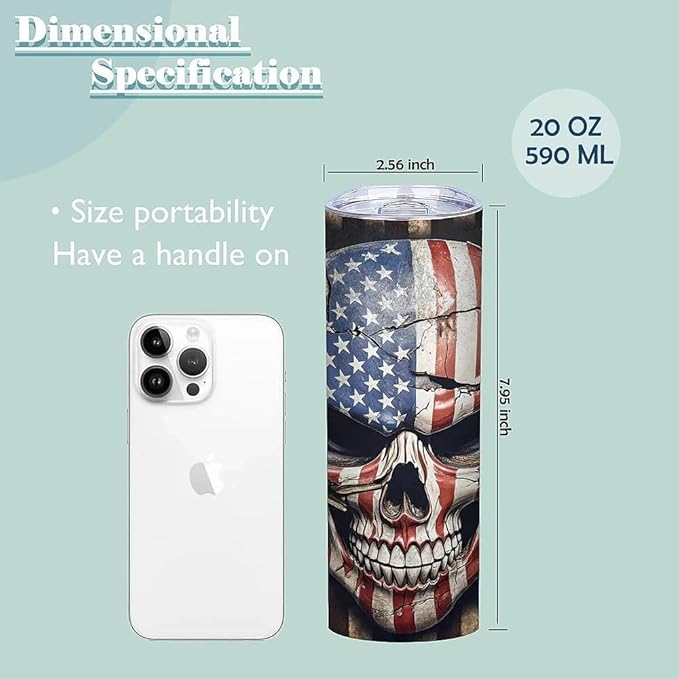 ATHAND American Flag Skull Tumbler,20 Oz Insulated Stainless Steel Skinny Coffee Tumbler with Lid,Patriotic Birthday Gifts for Men,1 Pcs