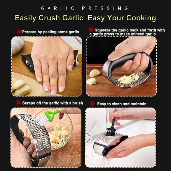 Garlic Press Rocker,New Stainless Steel Garlic Mincer Garlic Crusher Set,3-in-1 Garlic Crusher,Peeler with Cleaning Brush,Easy Squeeze Rocker Design for Smashing Garlic Kitchen Gadget