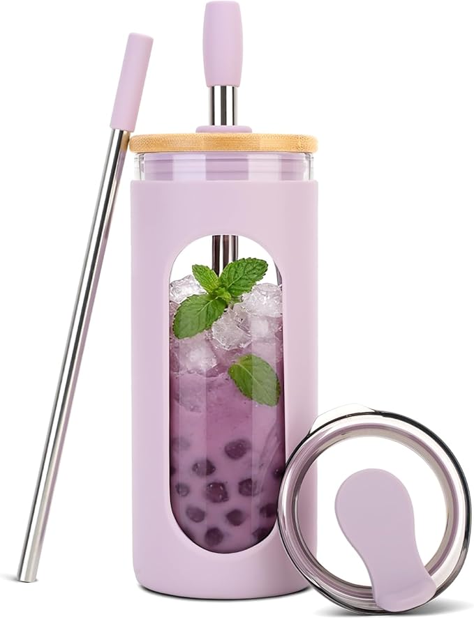Sursip 20 oz Glass Tumbler with Lids and Straws, Reusable Borosilicate Glass Iced Coffee Cup with Bamboo Lid for Smoothie Boba Juice,Travel BPA-Free - Purple