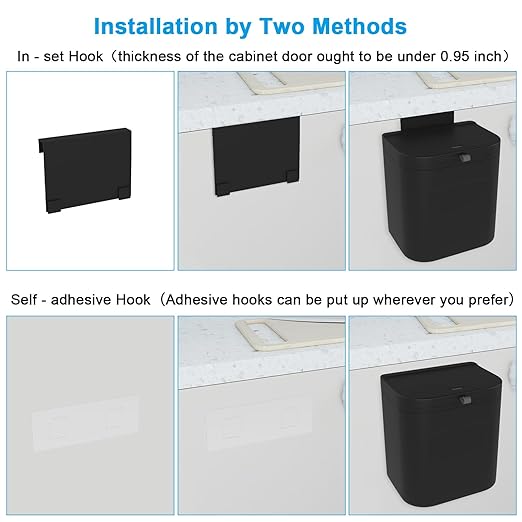 Naisu 3 Pack 1.12 Gallon Kitchen Garbage Bin for Counter Top or Under Sink, Stick on the Wall，Hanging Small Trash Can with lid for Cupboard/Bathroom/Bedroom/Office(Black)