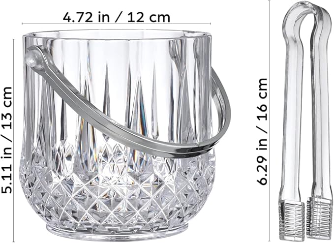 Operitacx Small Plastic Ice Bucket with Tongs and Handle Clear Portable Ice Cube Bucket 5.11 Height for Wine Beer Beverage Cooler and Party Use