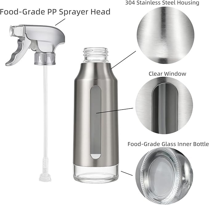 Oil Sprayer for Cooking 180ml, Olive Oil Mister with Fine Mist Trigger, Stainless Steel Refillable Glass Dispenser Bottle 6.35oz for Air Fryer BBQ Salad & Baking (Silver Gray+Stainless Steel)