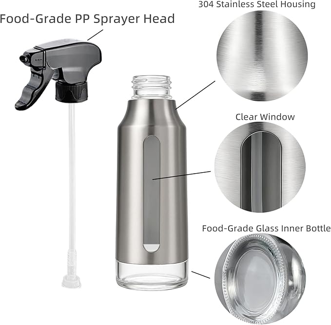 Oil Sprayer for Cooking 180ml, Olive Oil Mister with Fine Mist Trigger, Stainless Steel Refillable Glass Dispenser Bottle 6.35oz for Air Fryer BBQ Salad & Baking (Black+Stainless Steel)